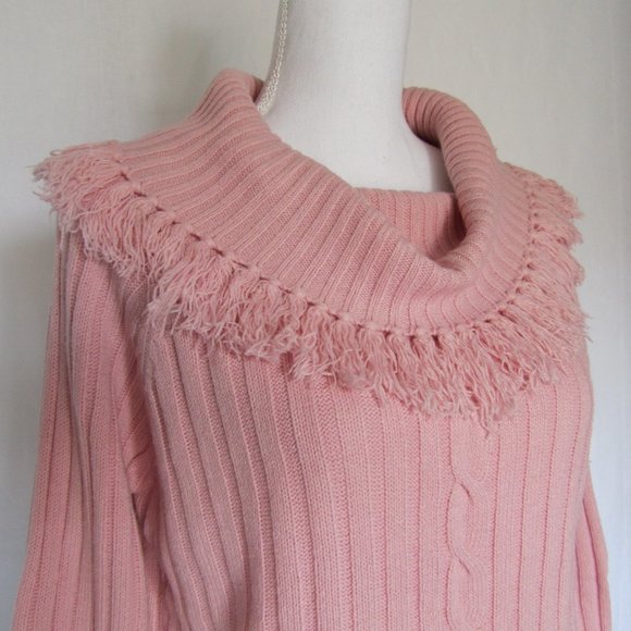 Woman’s Wide Collar Fringe Light Pink Ribbed Long Sleeves Knit Sweater L - Picture 2 of 4